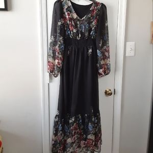 Emery Rose | Dresses | Emery Rose Maxi Black Floral Dress Sheer Sleeves S |  Poshmark